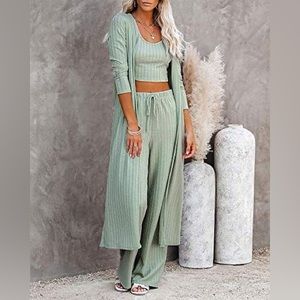 Amazon 3 Piece Loungewear Set | Crop Tank Top Loose Pants and Cardigan Duster